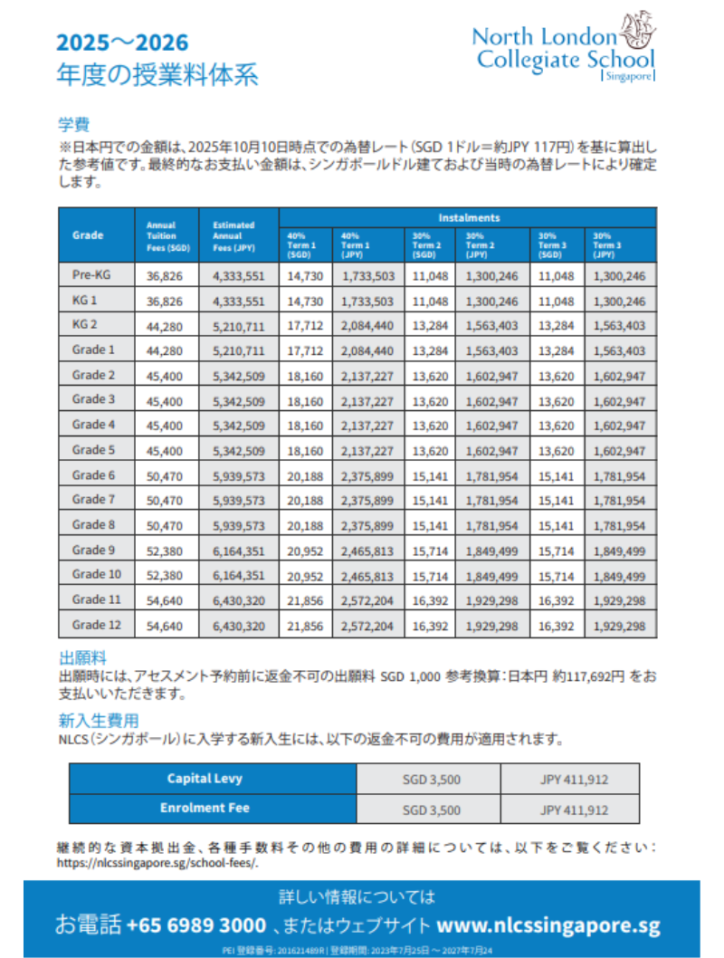 NLCS（シンガポール）料金体系